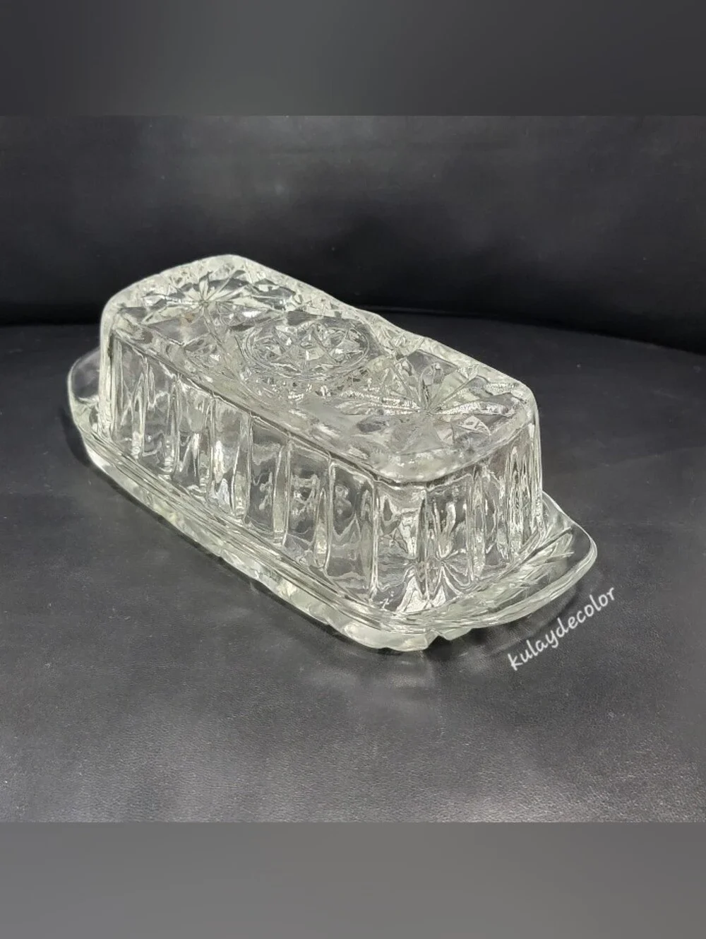 Vintage Anchor Hocking Pressed Glass Covered Butter Dish Star of David Pattern